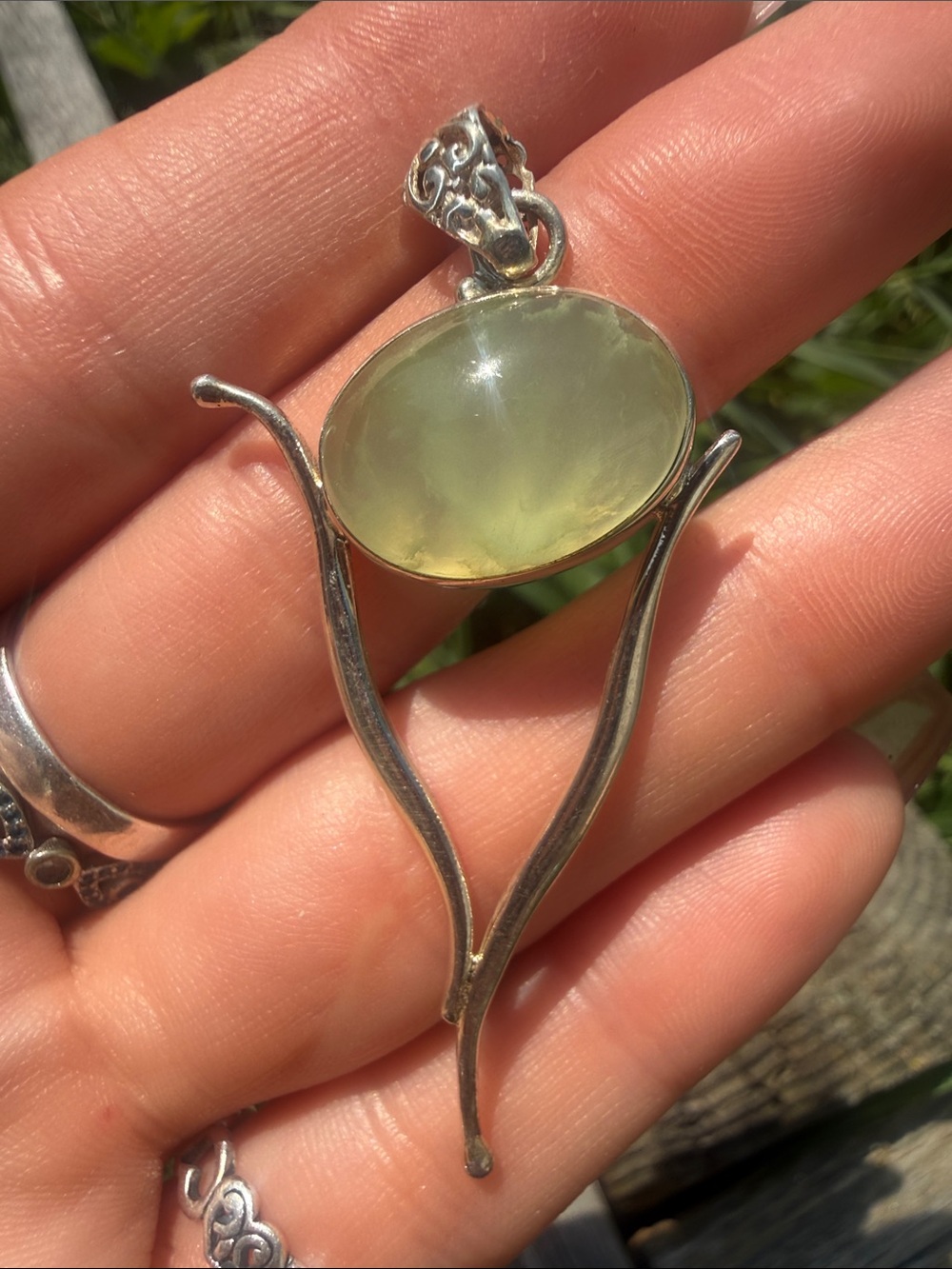 Prehnite Wishbone Solid Sterling Pendant